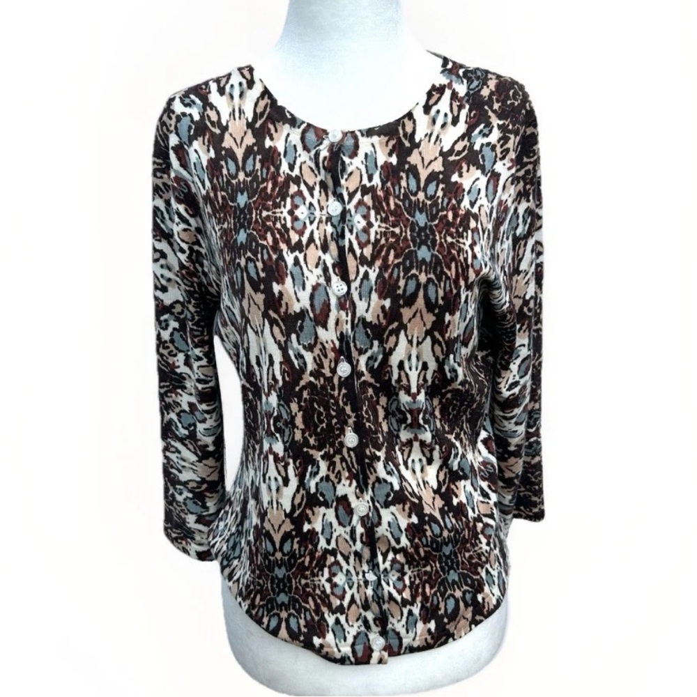 Garnet Hill Cardigan Sweater 100% Merino Wool Leopard Print Women Sz M Stretch